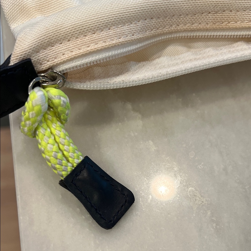 Longchamp Striped Canvas Tote in White, Black & Neon Yellow - Picture 6 of 7